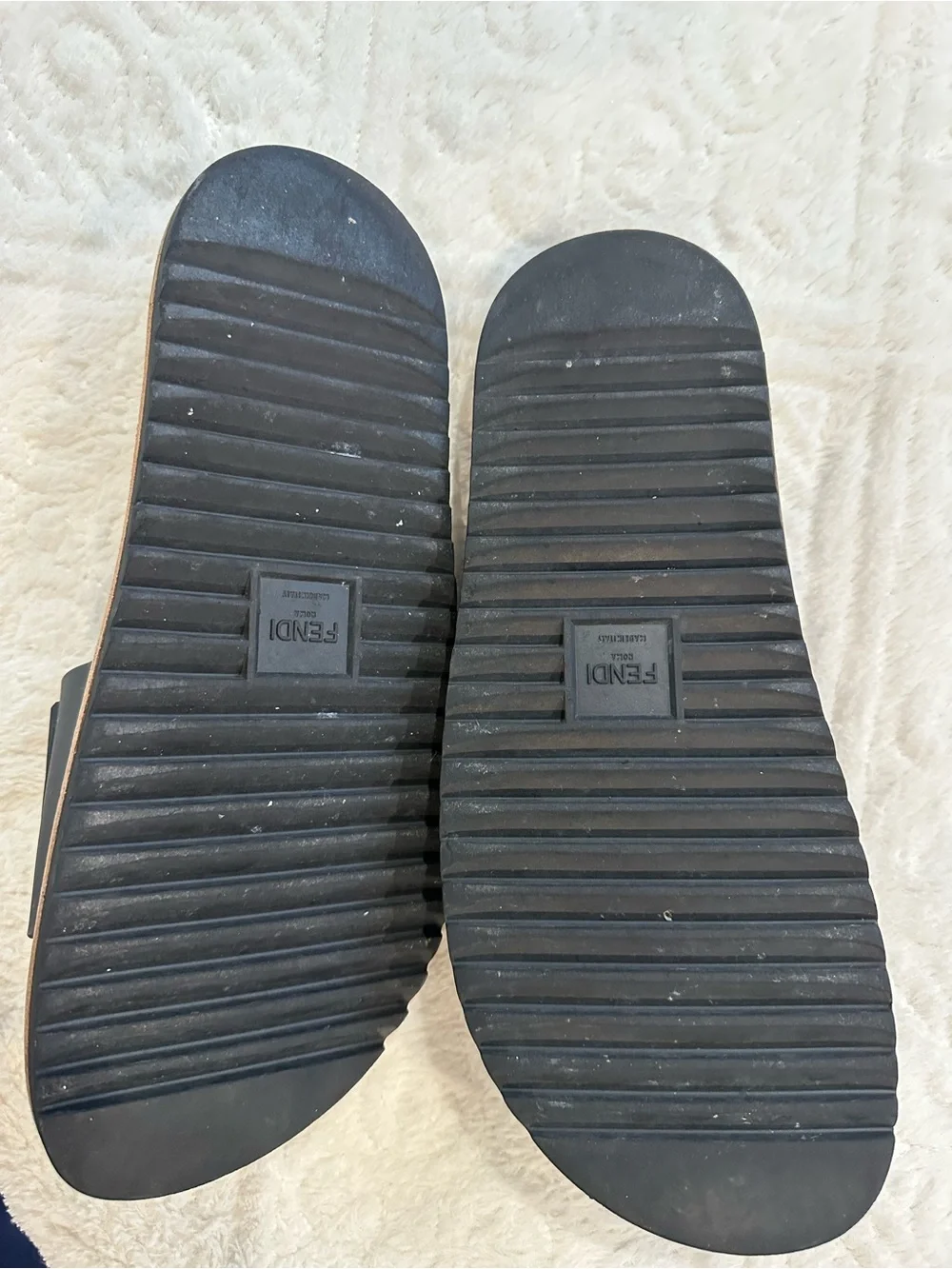 Fendi Black Rubber Logo Slide Sandals with Brown Trim